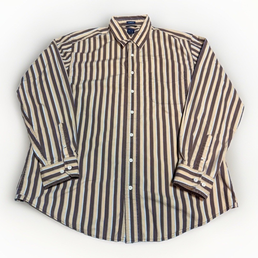 Gap Vtg Button Down Shirt XL Classic Fit Long Sleeve Brown Tan Stripe Cotton Y2K